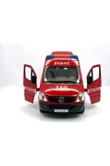 2 ADET Diecast Metal İTFAİYE VE AMBULANS Mercedes Sprinter Çek Bırak Işıklı Siren Sesli 14 Cm kapıları açılır