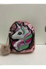 DZC KUZENLER AVM Kız Çocuk Unicorn Işıklı Pullu Ponponlu Sırt Çantası