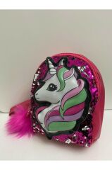 DZC KUZENLER AVM Kız Çocuk Unicorn Işıklı Pullu Ponponlu Sırt Çantası FUŞYA PEMBE