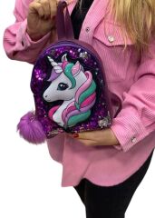 DZC KUZENLER AVM Kız Çocuk Unicorn Işıklı Pullu Ponponlu Sırt Çantası FUŞYA PEMBE