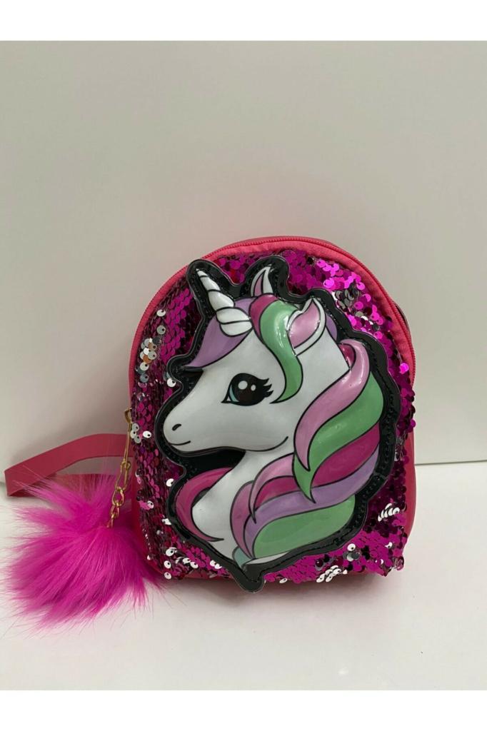 DZC KUZENLER AVM Kız Çocuk Unicorn Işıklı Pullu Ponponlu Sırt Çantası FUŞYA PEMBE