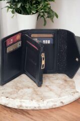 Kadın Yumuşak Derili Çıtçıtlı Ve Fermuarlı Şık Siyah Cüzdan Kartlık Aksesuar