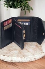 Kadın Yumuşak Derili Çıtçıtlı Ve Fermuarlı Şık Siyah Cüzdan Kartlık Aksesuar