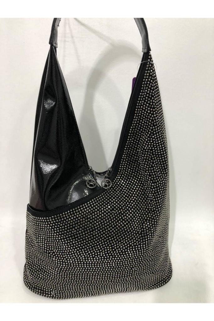 NAS BAG'S  Taşlı Rugan Siyah El ve Omuz Çantası