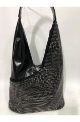 NAS BAG'S  Taşlı Rugan Siyah El ve Omuz Çantası