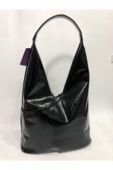 NAS BAG'S  Taşlı Rugan Siyah El ve Omuz Çantası