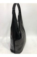 NAS BAG'S  Taşlı Rugan Siyah El ve Omuz Çantası