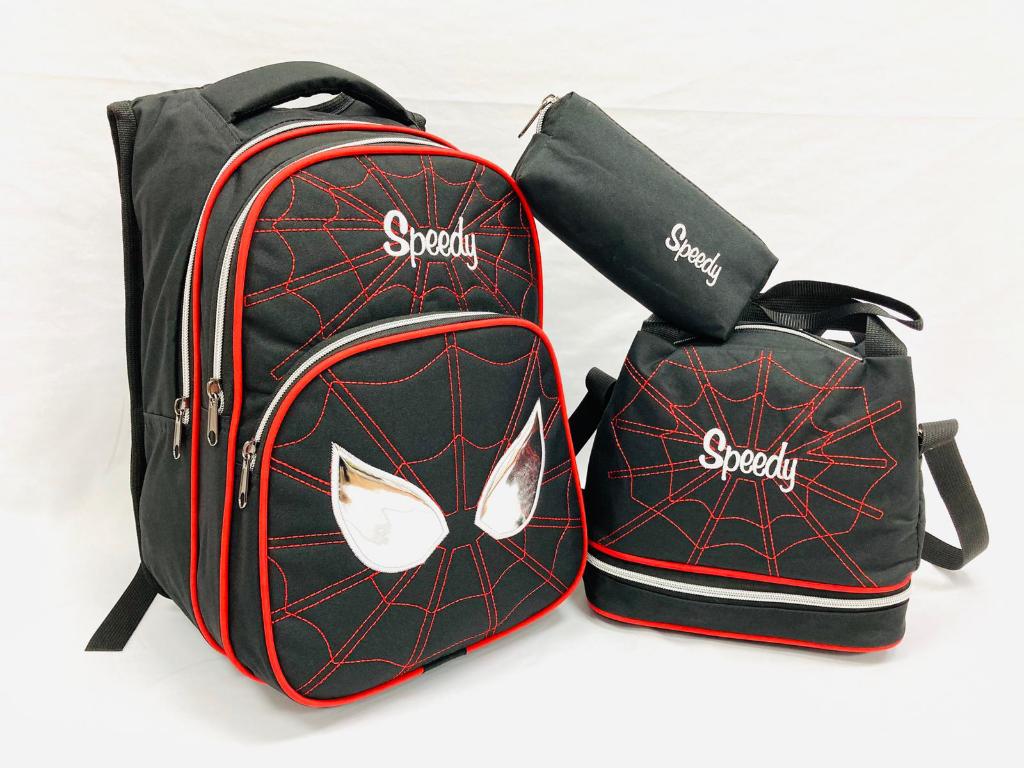 DZC KUZENLER AVM Erkek Kırmızı Örümcek Adam Ortopedik Ilk Okul Çantası Beslenme Çantası ve Kalemlik SİYAH