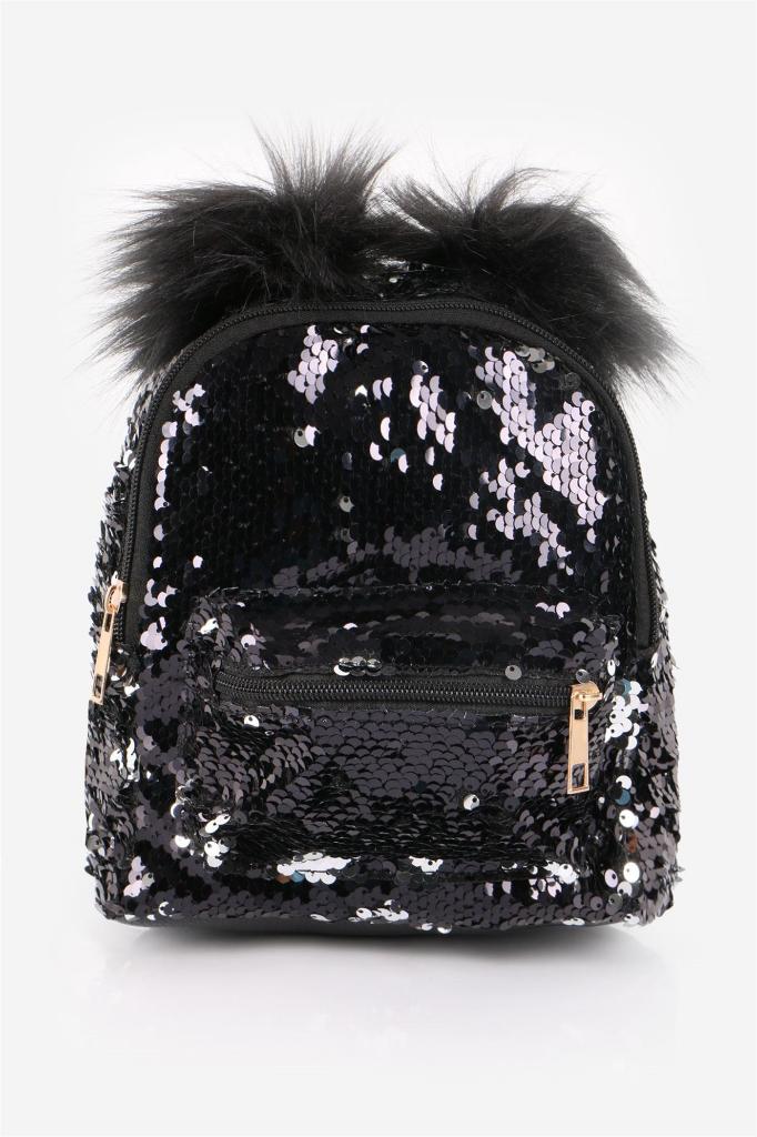 DZC KUZENLER AVM PAYETLİ ÇANTA PULLU ÇOCUK SIRT ÇANTASI PONPONLU SİYAH