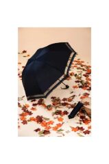 DZC KUZENLER AVM Marlux Bordo Rüzgara Dayanıklı Dantelli Fiber Gövdeli Manuel Kadın Şemsiye SİYAH