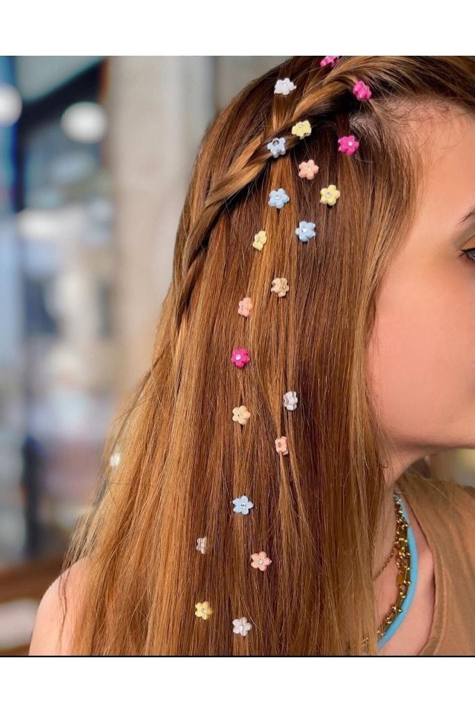 Kristal Taşlı Çiçek Figürlü Renkli Örgü Boncuğu Saç Aksesuarı 20 Li