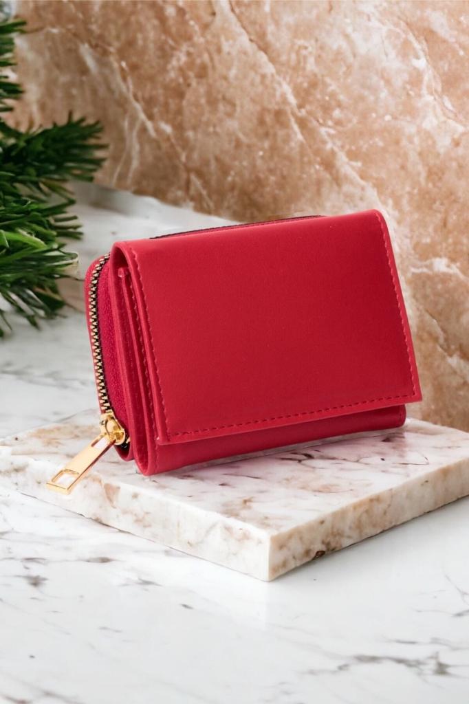 Kadın Fermuarlı Ve Çıtçıtlı Bozuk Para Bölmeli Şık Kırmızı Cüzdan Kartlık Aksesuar
