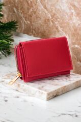 Kadın Fermuarlı Ve Çıtçıtlı Bozuk Para Bölmeli Şık Kırmızı Cüzdan Kartlık Aksesuar