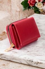Kadın Fermuarlı Ve Çıtçıtlı Bozuk Para Bölmeli Şık Kırmızı Cüzdan Kartlık Aksesuar
