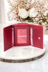 Kadın Fermuarlı Ve Çıtçıtlı Bozuk Para Bölmeli Şık Kırmızı Cüzdan Kartlık Aksesuar