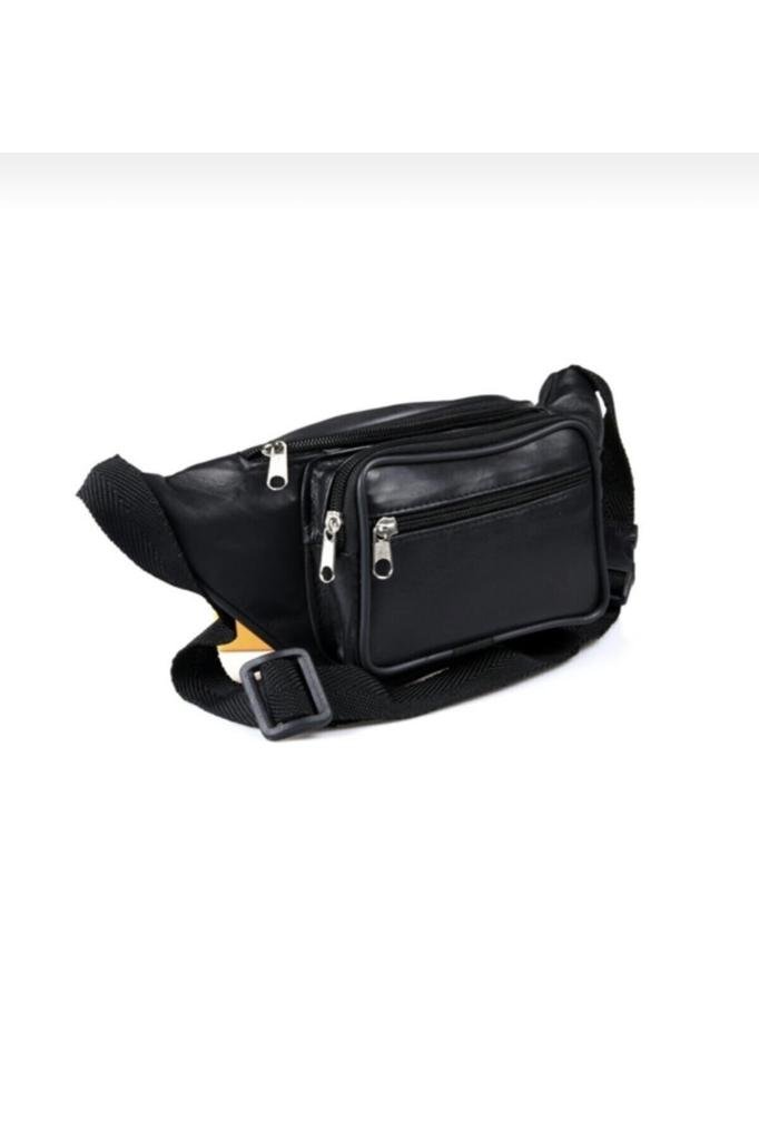 Siyah Hakiki Deri Üç Gözlü Bel Çantası