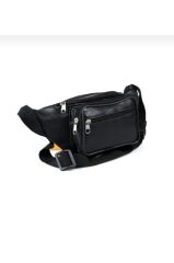 Siyah Hakiki Deri Üç Gözlü Bel Çantası