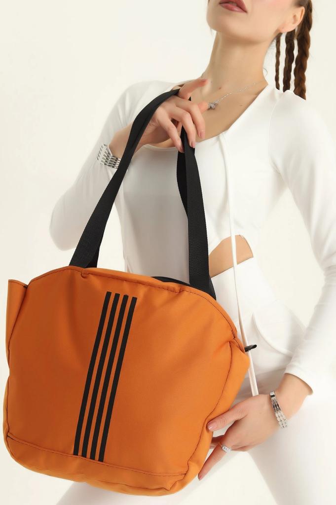 turuncu Yumuşak Bez Kumaş Kol Ve Omuz Çantası ağzı fermuarlı kadın çanta çizgili