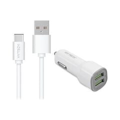 Hytech HY-X46 3.4A Hızlı Şarj Type-C Kablolu 2 USB Beyaz Araç Şarj Cihazı