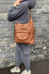 Kadın Taba Kapaklı Suni Yıkanmış Deri Kol Ve Sırt Çantası Yıkama Deri