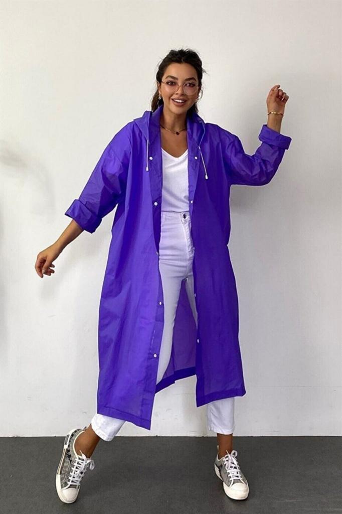 Kadın Erkek Yağmurluk Kapüşonlu Çıtçıtlı Eva Mor Yağmurluk M21mrc881r09