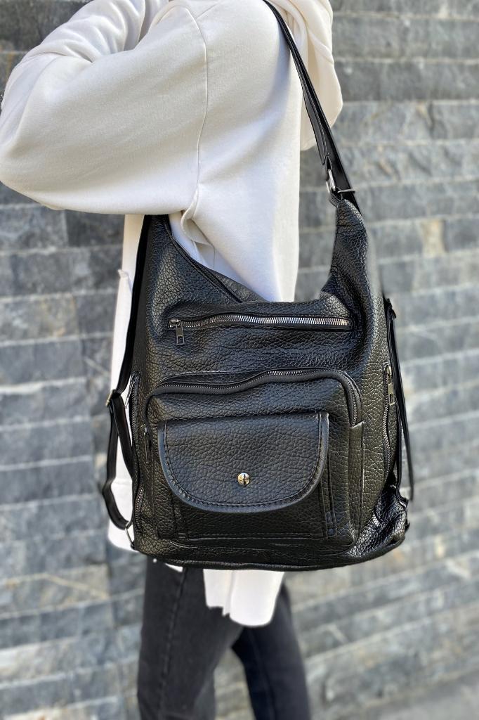 Kadın Siyah Kapaklı Suni Yıkanmış Deri Kol Ve Sırt Çantası Yıkama Deri