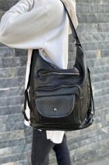 Kadın Siyah Kapaklı Suni Yıkanmış Deri Kol Ve Sırt Çantası Yıkama Deri