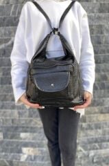 Kadın Siyah Kapaklı Suni Yıkanmış Deri Kol Ve Sırt Çantası Yıkama Deri