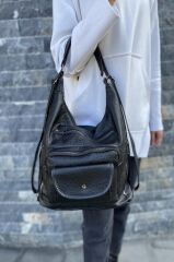 Kadın Siyah Kapaklı Suni Yıkanmış Deri Kol Ve Sırt Çantası Yıkama Deri