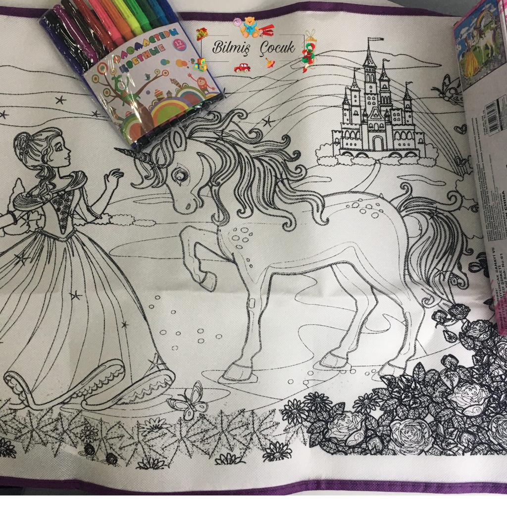 Play Toys Suyla Yıka Tekrar Boya Fantastik boyama halıları Prenses 50×50 + 12 Boyama Kalemi