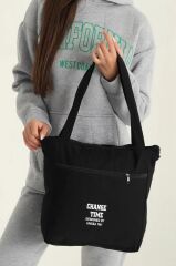 Kadın Siyah Yumuşak Bez Kumaş Kol Ve Omuz Çantası ağzı fermuarlı kadın çanta