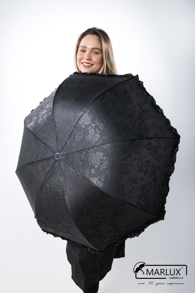Siyah Tam Bombeli Gizli Çiçek Desenli Kadın Şemsiye M21mar246r001