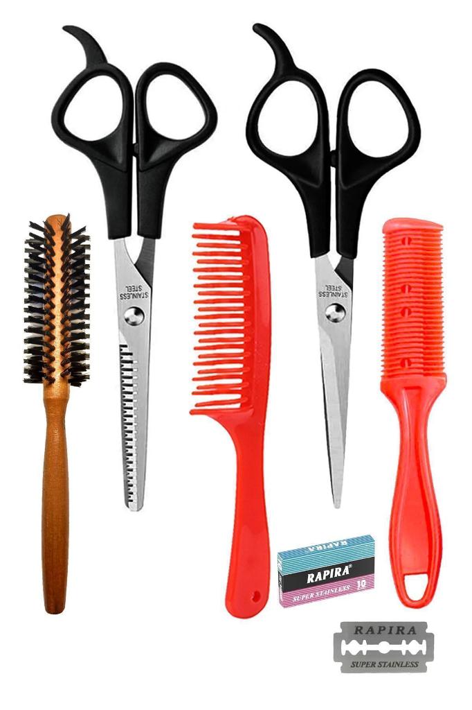 Kuaför Berber Makas Seti 15.5 Cm Ara Makası 15,5 Cm Saç Makası Jiletli Tarak 10 Adet Yedekli