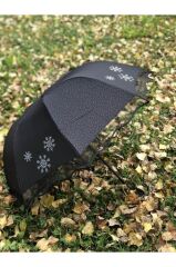 Rüzgarda Kırılmayan Kar Tanesi Desenli Puantiye Detaylı Siyah Kadın Şemsiye