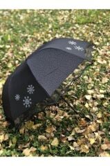 Rüzgarda Kırılmayan Kar Tanesi Desenli Puantiye Detaylı Siyah Kadın Şemsiye