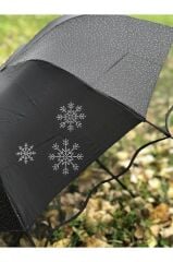 Rüzgarda Kırılmayan Kar Tanesi Desenli Puantiye Detaylı Siyah Kadın Şemsiye