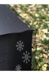 Rüzgarda Kırılmayan Kar Tanesi Desenli Puantiye Detaylı Siyah Kadın Şemsiye