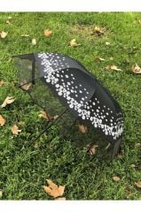 Rüzgarda Kırılmayan Kenarı Tüllü Papatya Desenli Siyah Kadın Şemsiye