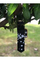 Rüzgarda Kırılmayan Kenarı Tüllü Papatya Desenli Siyah Kadın Şemsiye