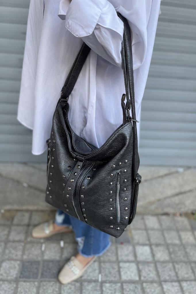 Kadın Koyu Gri Suni Yıkanmış Deri Kol Ve Sırt Çantası Yıkama Deri