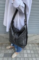 Kadın Koyu Gri Suni Yıkanmış Deri Kol Ve Sırt Çantası Yıkama Deri