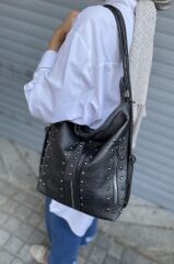 Kadın Koyu Gri Suni Yıkanmış Deri Kol Ve Sırt Çantası Yıkama Deri