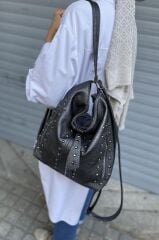 Kadın Koyu Gri Suni Yıkanmış Deri Kol Ve Sırt Çantası Yıkama Deri