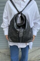 Kadın Koyu Gri Suni Yıkanmış Deri Kol Ve Sırt Çantası Yıkama Deri