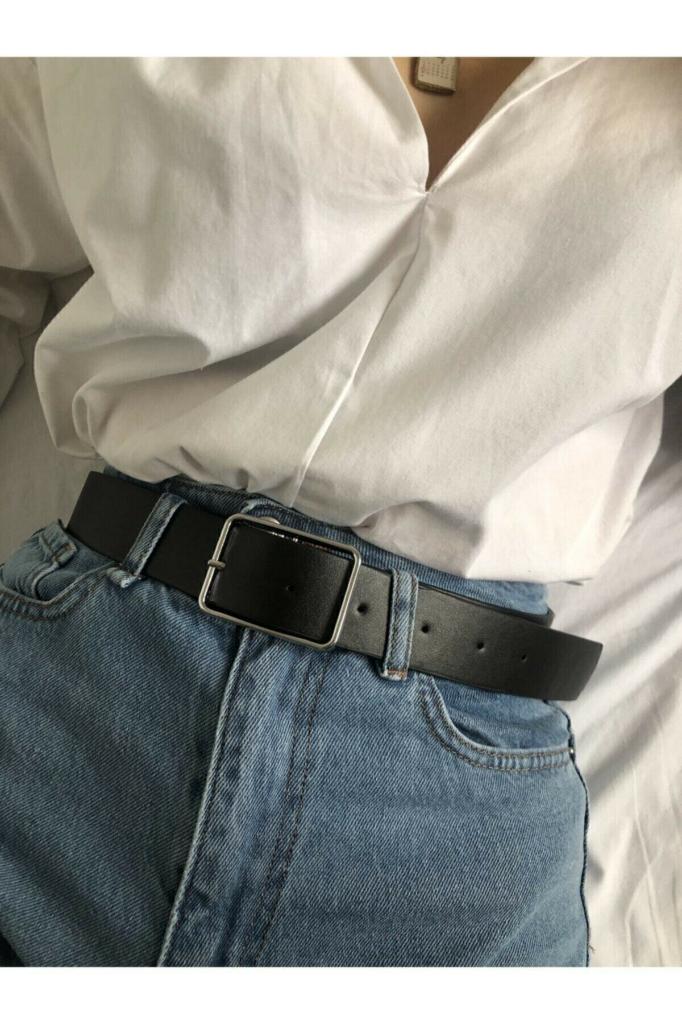Kadın Basic Gümüş Renk Dikdörtgen Tokalı Siyah Kemer