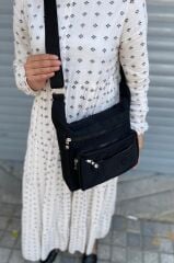 Kadın Siyah Krinkıl Kumaş Çapraz Çanta Kırinkıl Omuz Çantası