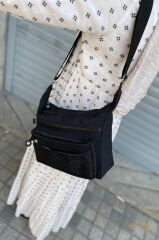 Kadın Siyah Krinkıl Kumaş Çapraz Çanta Kırinkıl Omuz Çantası