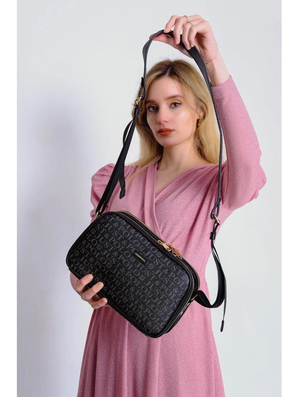 Just Polo Kadın Vizon-Kahverengi Baskı Desenli Çapraz Omuz Çantası SİYAH