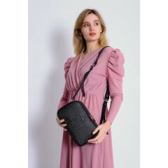 Just Polo Kadın Vizon-Kahverengi Baskı Desenli Çapraz Omuz Çantası SİYAH