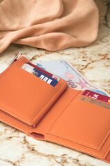 Kadın Yumuşak Derili Çıtçıtlı Ve Fermuarlı Şık Turuncu inve Cüzdan Kartlık Aksesuar